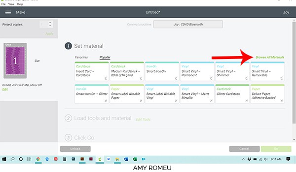 cricut design space material selection screenshot