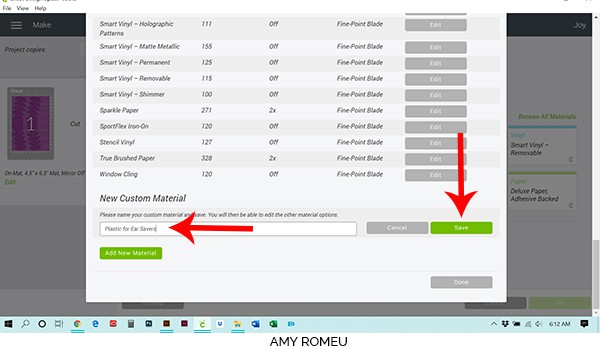 name your custom material in cricut design space screenshot