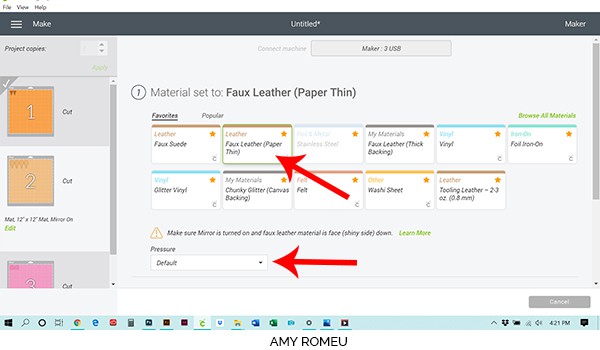 cricut maker faux leather material selection screen