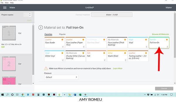 making foil iron on material selection in cricut design space