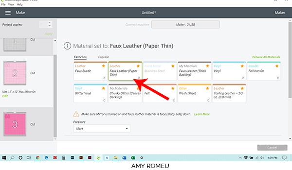 cricut design space faux leather cut material selection