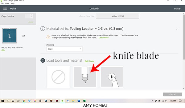 Cricut Design Space prompt for knife blade