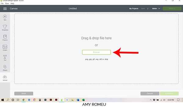 cricut design space browse for file to upload screen