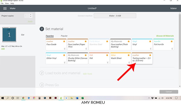 cricut design space material selection screen