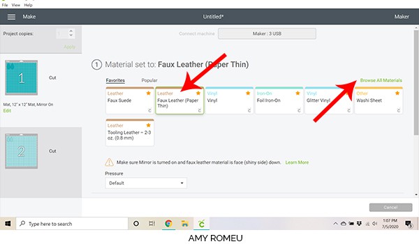 cricut design space screenshot showing material selection screen