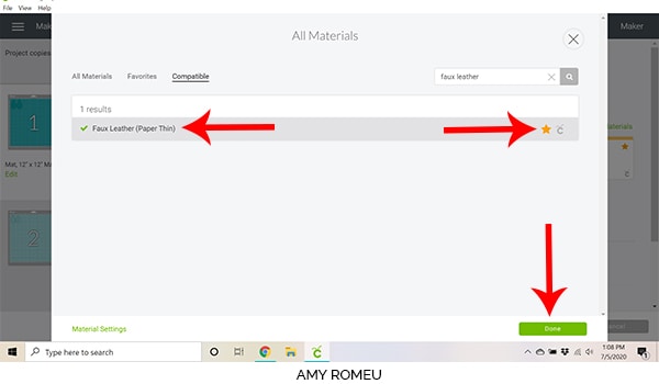 cricut design space screenshot showing how to select faux leather material setting