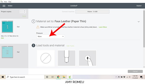 cricut design space screenshot showing material selection and pressure setting