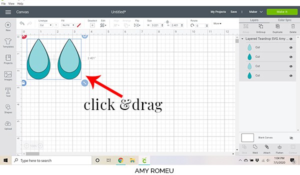 cricut design space screenshot showing click and drag on canvas