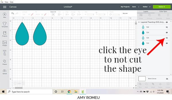 cricut design space screenshot showing how to hide layers from cutting