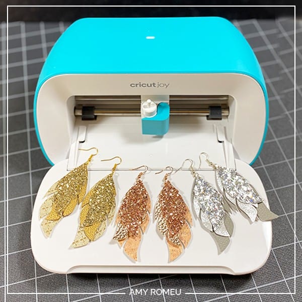 Cricut Joy glitter feather faux leather earrings