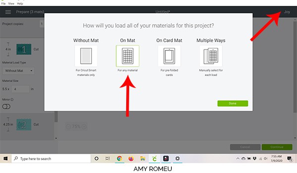cricut joy mat selection screen