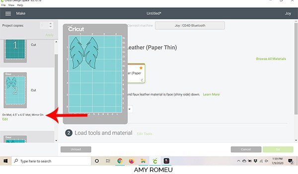 cricut design space screenshot of faux leather feather earrings cutting with a Cricut Joy