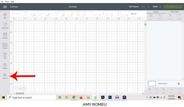 cricut design space screenshot showing how to upload from the canvas screen