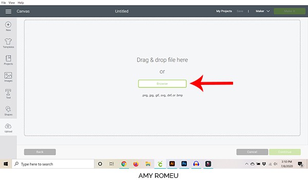 cricut design space screenshot showing browse button screen