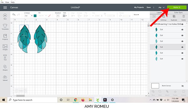 cricut design space screenshot sending earring design to cricut joy to cut