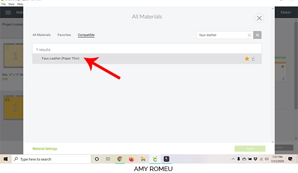 cricut design space screenshot faux leather paper thin selection