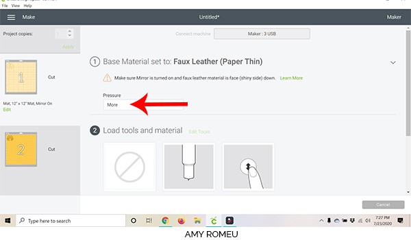 cricut design space screenshot selecting pressure setting