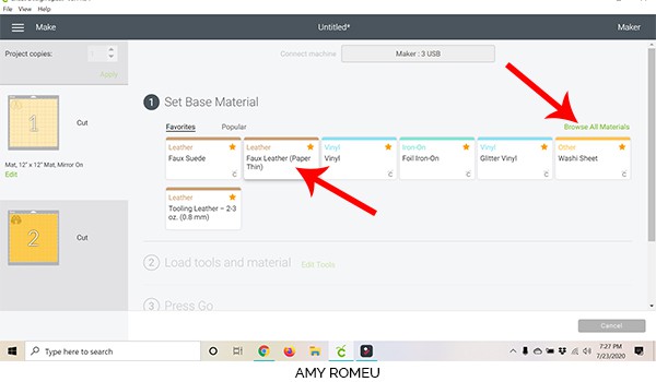 cricut design space screenshot materials selection screen