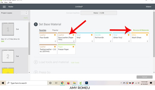 cricut design space material selection for faux leather