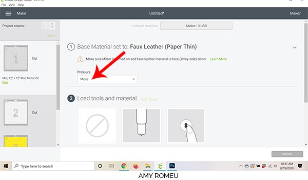 cricut design space changing cut pressure in material settings screen