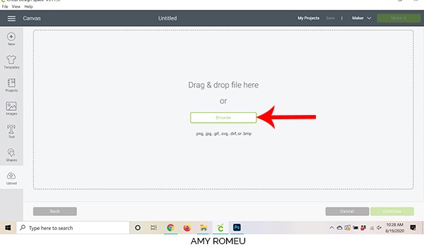 Cricut Design Space screenshot browse for file to upload