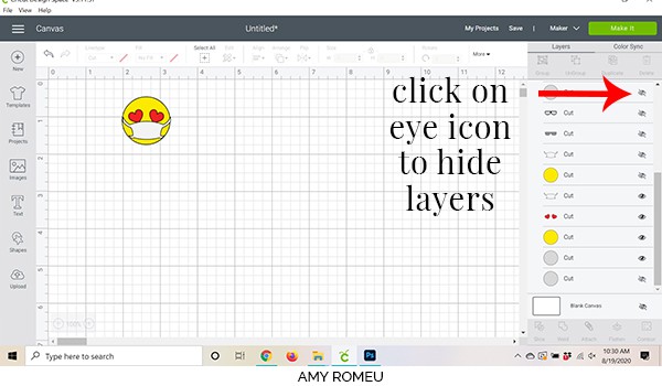 Cricut Design Space screenshot hiding layers