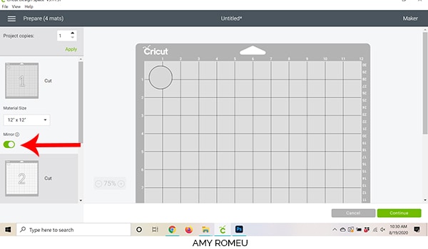 Cricut Design Space screenshot mirror cutting mats