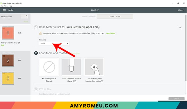 cricut design space faux leather material selection pressure menu