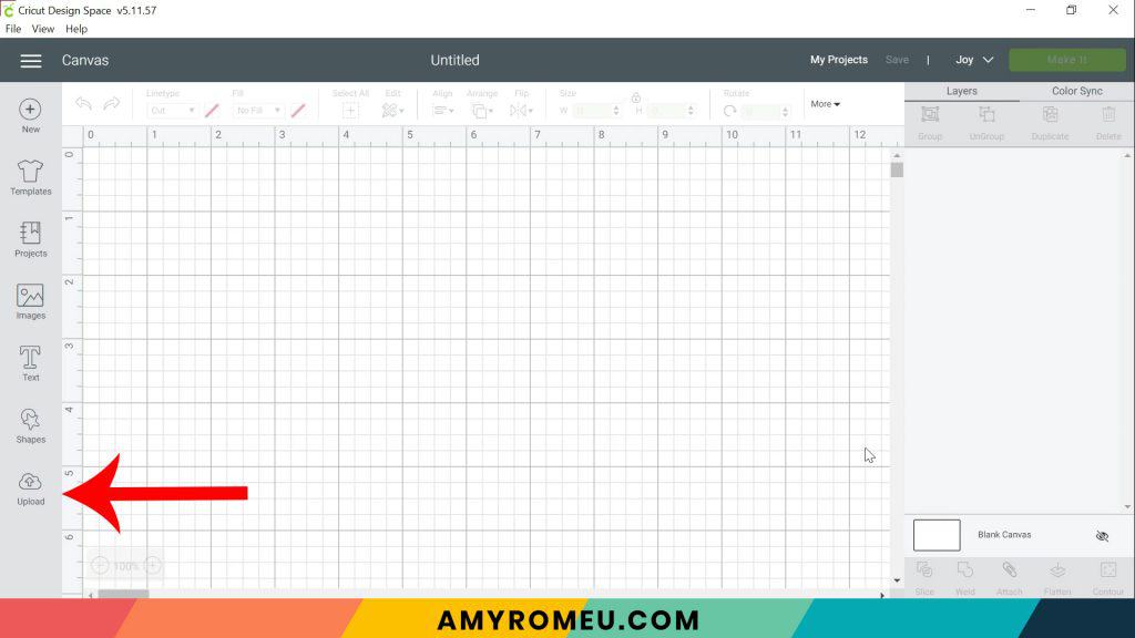 cricut design space upload button on canvas