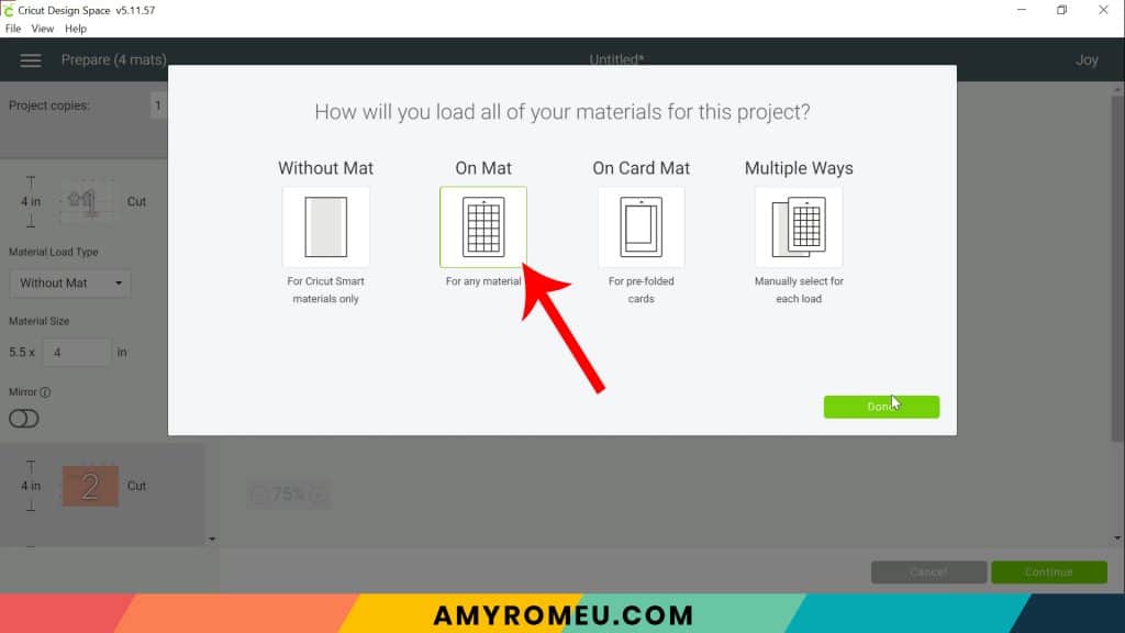 Cricut Joy choosing how you will cut material