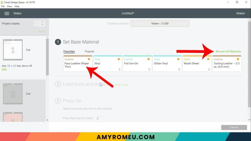 faux leather material selection in Cricut Design Space