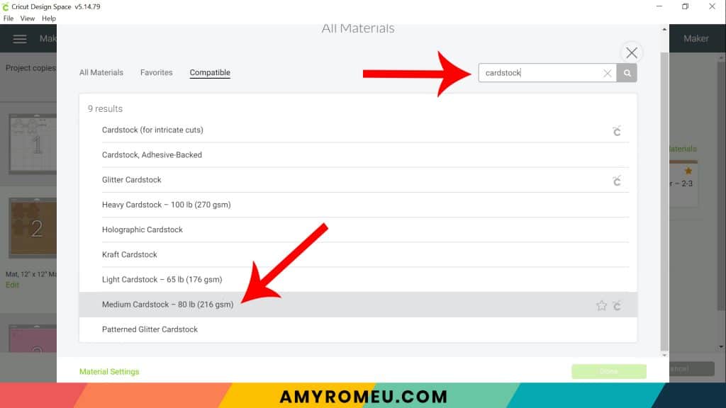 selecting cardstock setting