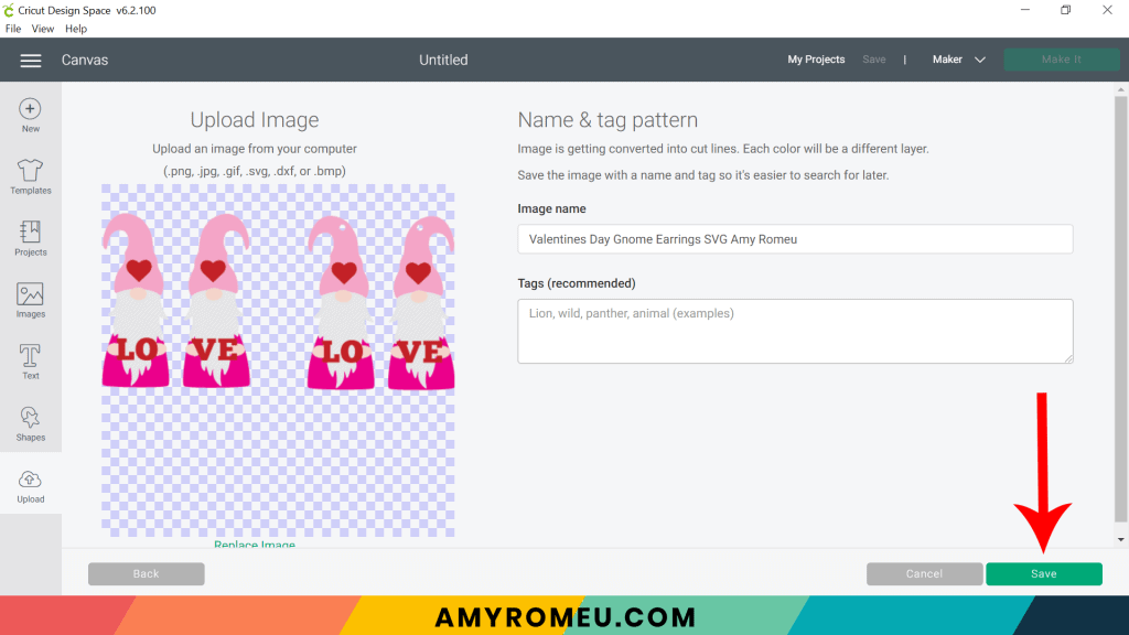 uploading Valentine's Day gnome earring SVG on Cricut Design Space