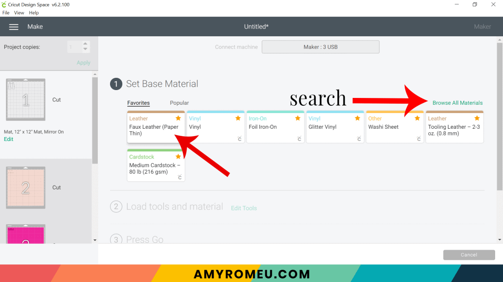 choosing faux leather as material setting in Cricut Design Space