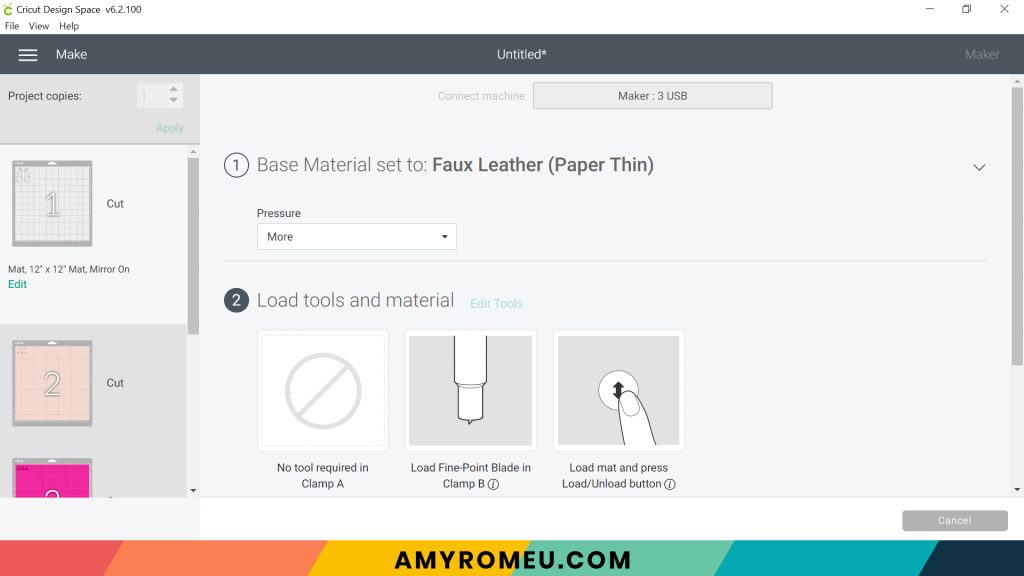 choosing more pressure for faux leather cutting with a Cricut