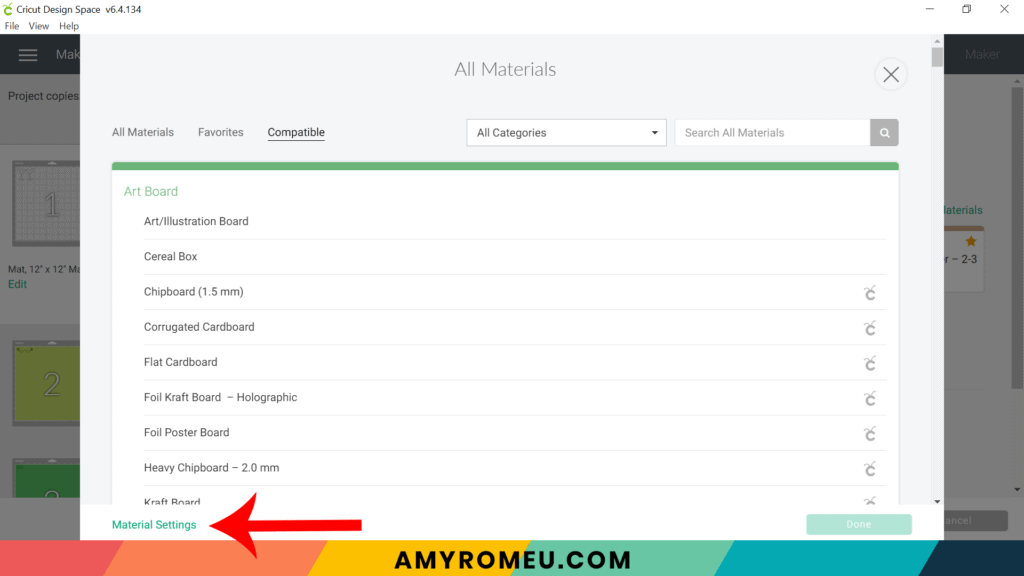creating custom material setting in Cricut Design Space