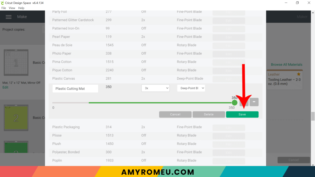 creating custom material setting in Cricut Design Space