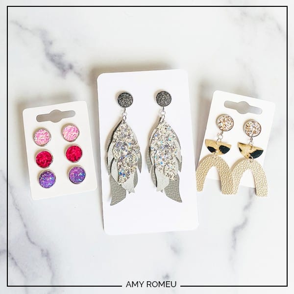 DIY Glitter Feather Cricut Joy Faux Leather Earrings - Amy Romeu