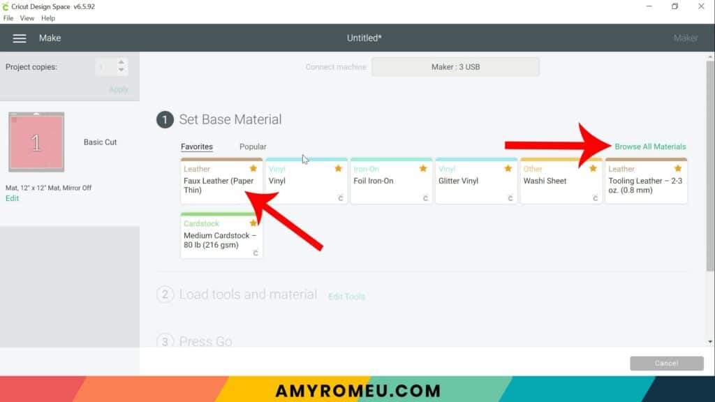 making faux leather material selection in Cricut Design Space