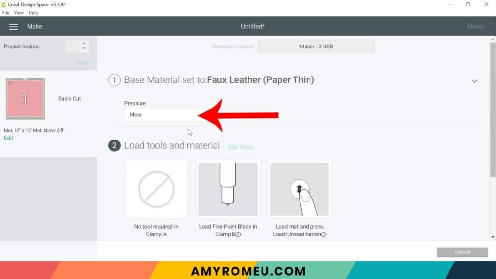 selecting more from dropdown pressure menu in Cricut Design Space