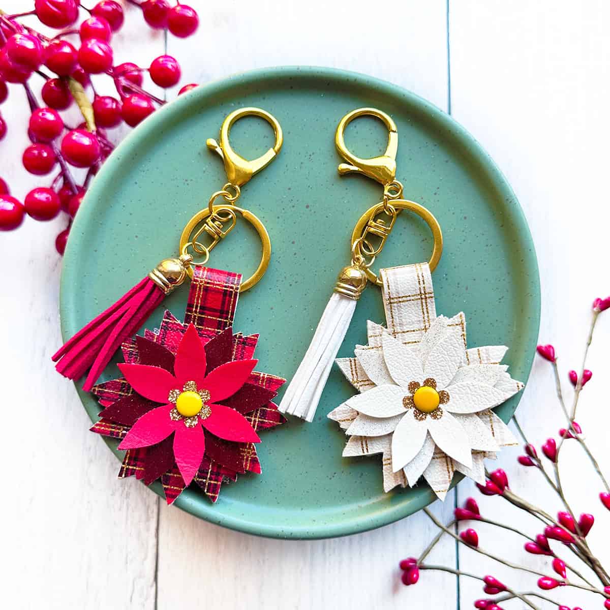 Faux Leather Poinsettia Keychains made with a Cricut by Amy Romeu