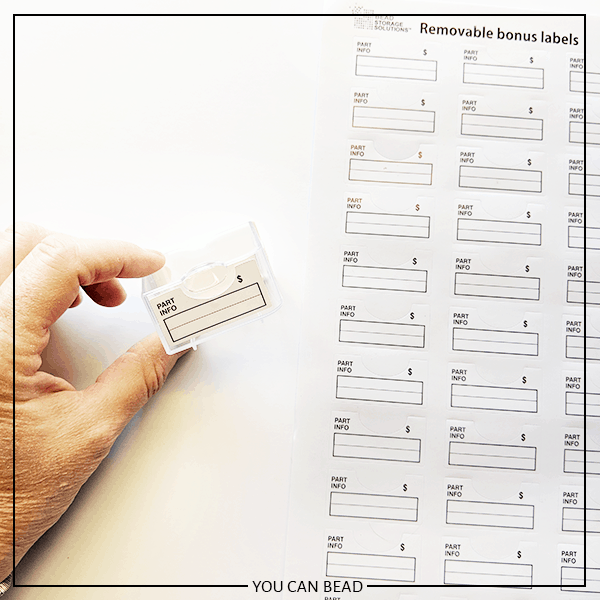 Close up of bead storage container labels