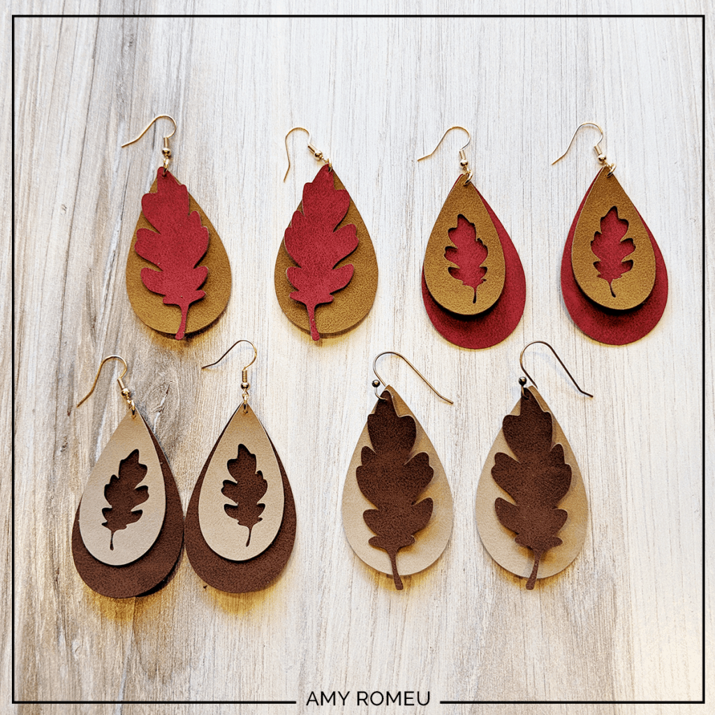 finished faux suede fall leaf earrings made with a cricut