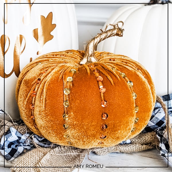 faux velvet pumpkin decorated with beads and sequins