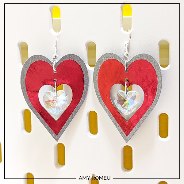 How To Make Cricut Faux Leather Heart Crystal Earrings - Amy Romeu