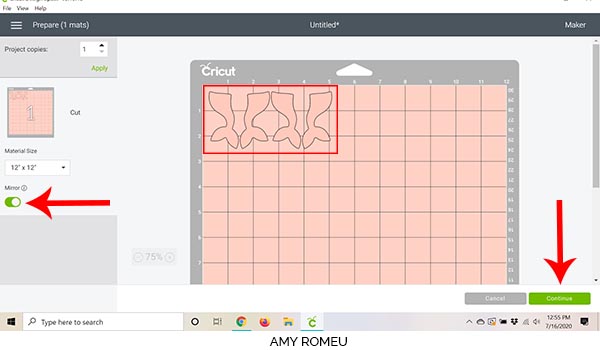 cricut design space screenshot of mat preview screen