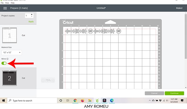 cricut design space screenshot HTV cutting mat preview