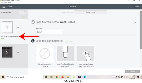 cricut design space screenshot washi sheet material setting