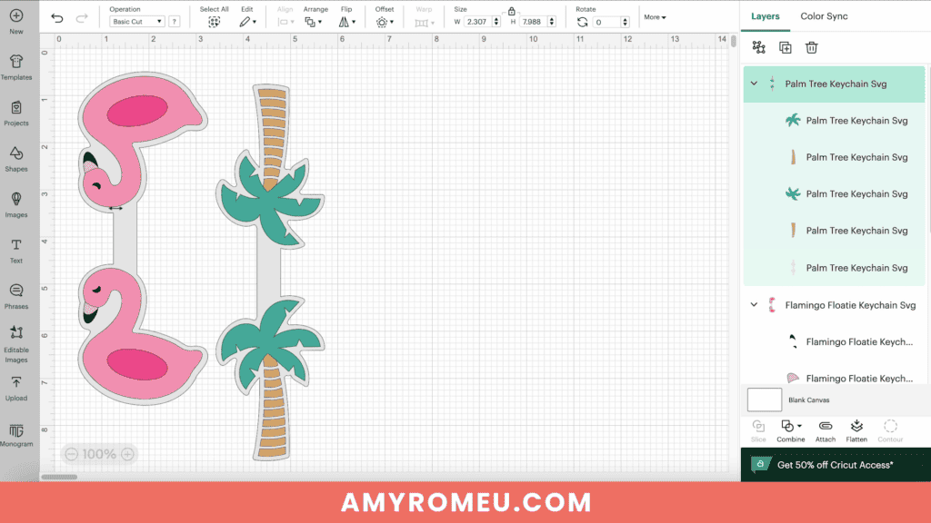 SVGs in Cricut Design Space making Palm Tree & Flamingo Floatie Faux Leather Keychains made with a Cricut